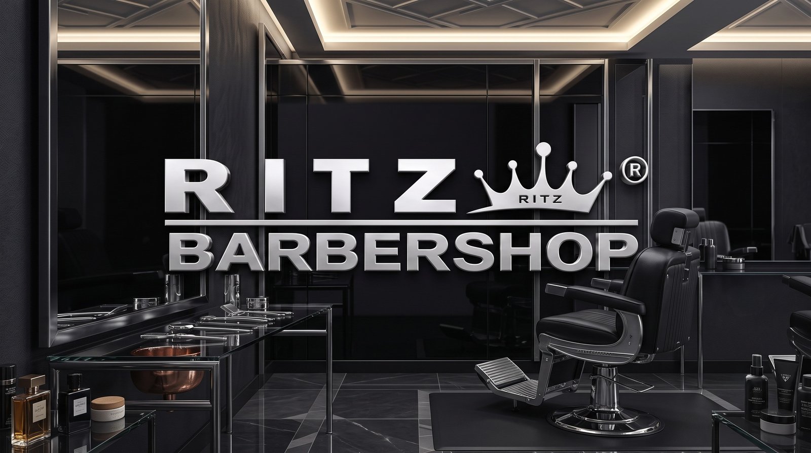 Inside Ritz Barbershop — luxury barber chairs and crown signage